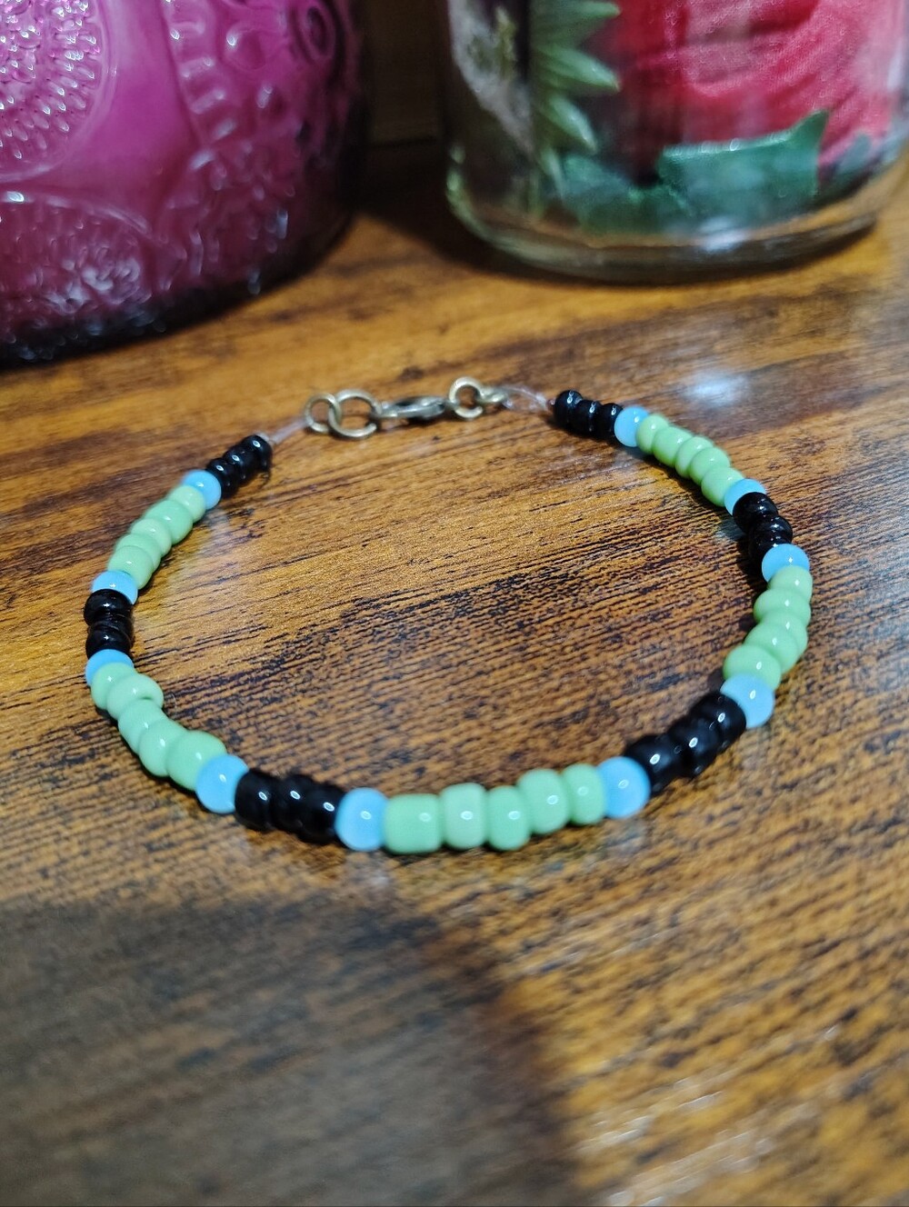 Handmade Men's Beaded Bracelet - Black, Light Green & Light Blue